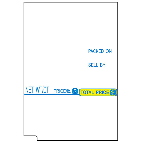 A white paper roll with blue and white pre-printed labels reading "Net Wt"