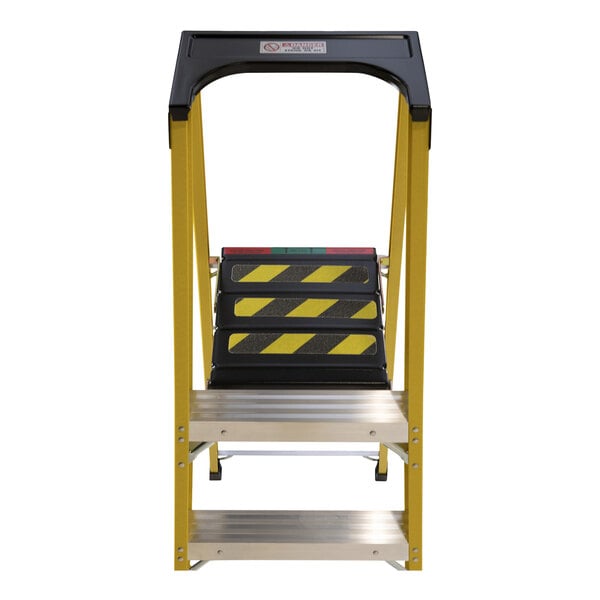 A yellow and black Bauer Corporation fiberglass step ladder with a steel platform.