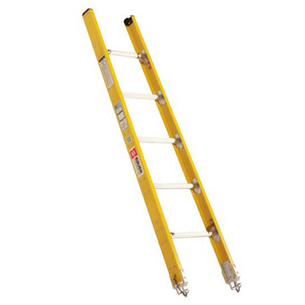 A yellow Bauer fiberglass ladder with two handles.