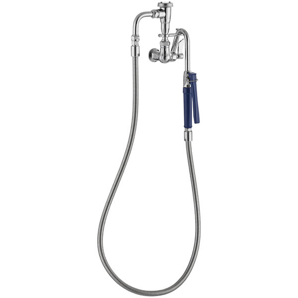 A silver and blue Waterloo wall-mounted pot and kettle filler faucet.