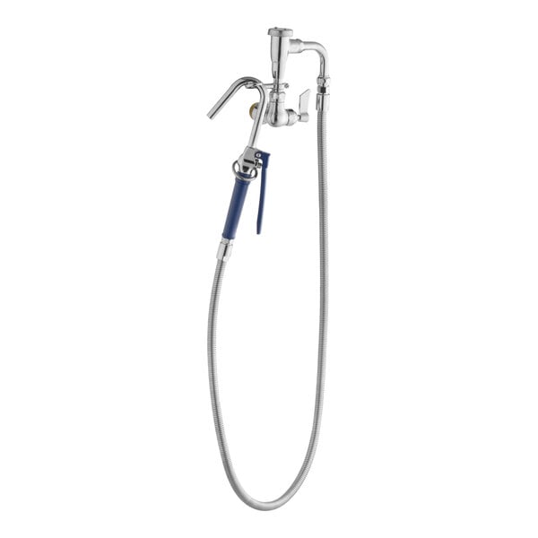A wall-mounted pot and kettle filler with a 68-inch hose and vacuum breaker.