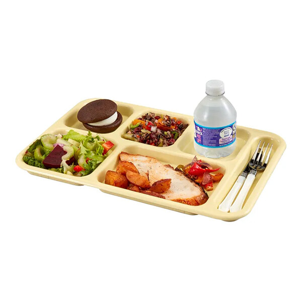 Cambro 10146CW145 Camwear® 10" x 14 1/2" Right Handed Heavy-Duty Polycarbonate NSF Yellow 6 Compartment Serving Tray - 24/Case