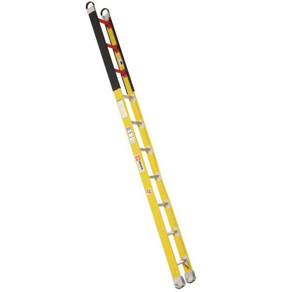 A yellow Bauer Corporation vault ladder with black handles.