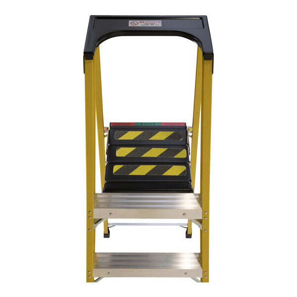 A yellow and black Bauer Corporation fiberglass step ladder with a steel platform.