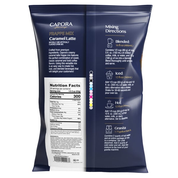 A bag of Capora Caramel Latte Frappe Mix on a white background.