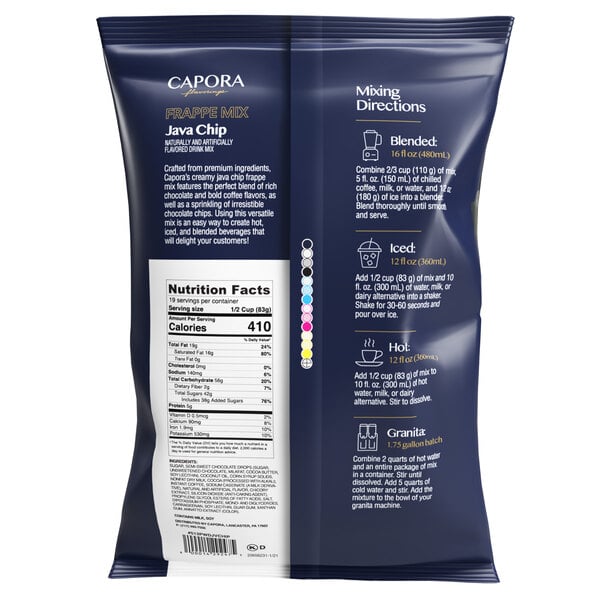 A blue bag of Capora Java Chip Frappe Mix with white and blue text.