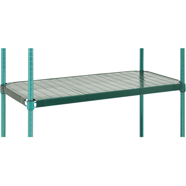 A green metal Eagle Group truss shelf with zinc platforms and metal poles.