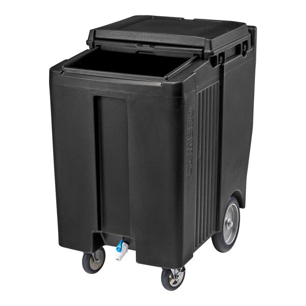 A large black mobile ice bin with a sliding lid, two large rear wheels, and two smaller front caster wheels.
