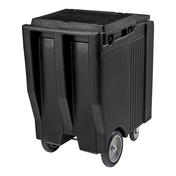A large black plastic mobile bin with a sliding lid and two sturdy wheels.