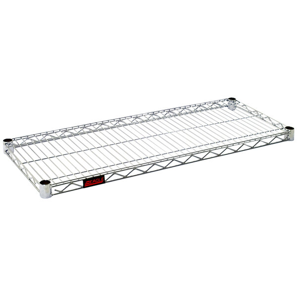 A stainless steel Eagle Group wire shelf with black handles.