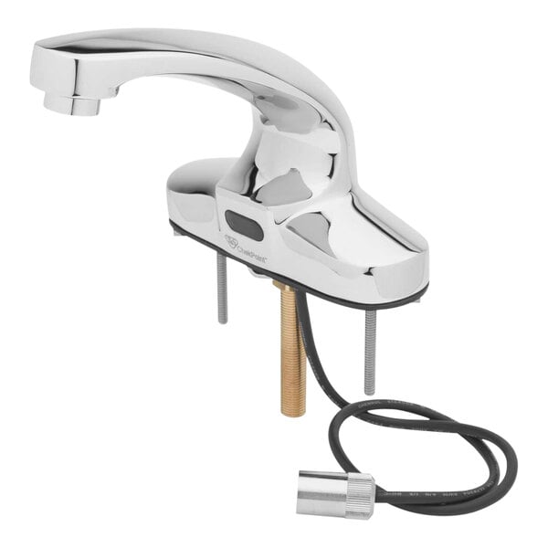 A silver T&S deck mounted automatic faucet with a black cord.