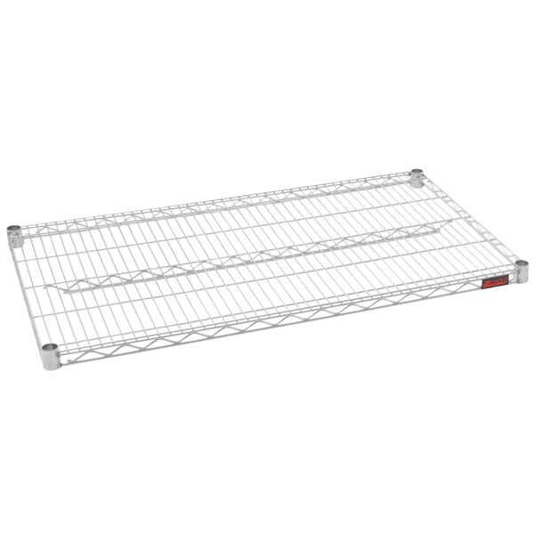 A stainless steel Eagle Group wire shelf with a metal frame and red NSF label.