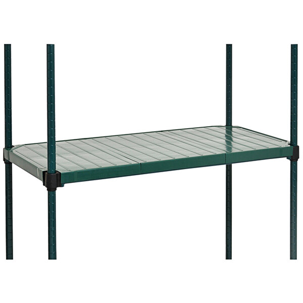 An Eagle Group green metal quad-adjust shelf with black metal rods.