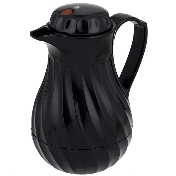 A black plastic Vollrath SwirlServe beverage server with a handle.