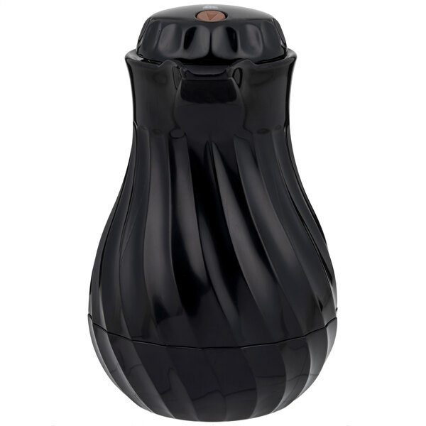 A black Vollrath SwirlServe beverage server with a brown lid.