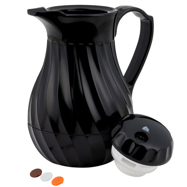 A black Vollrath SwirlServe beverage server with a plastic lid and cap.