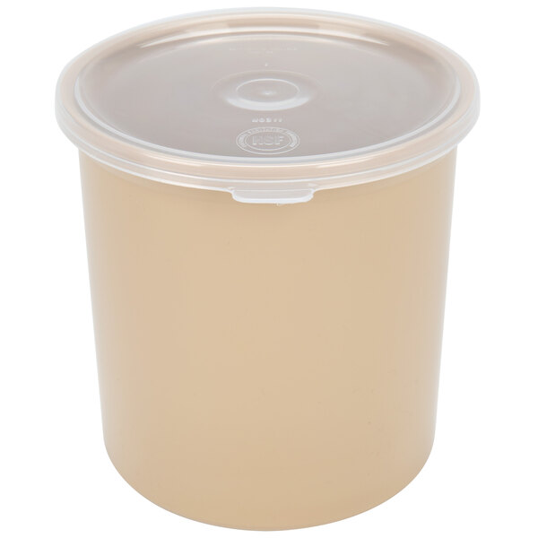 A beige Carlisle SAN plastic crock with a lid.
