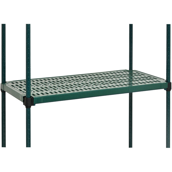 A green Eagle Group shelving unit with black metal rods and green louvered polymer mats.