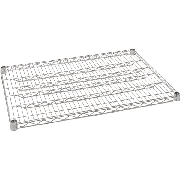 A stainless steel Eagle Group wire rack shelf with holes in the metal.