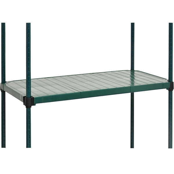 A green Eagle Group metal shelving unit with black QuadPLUS&#8482; shelves.