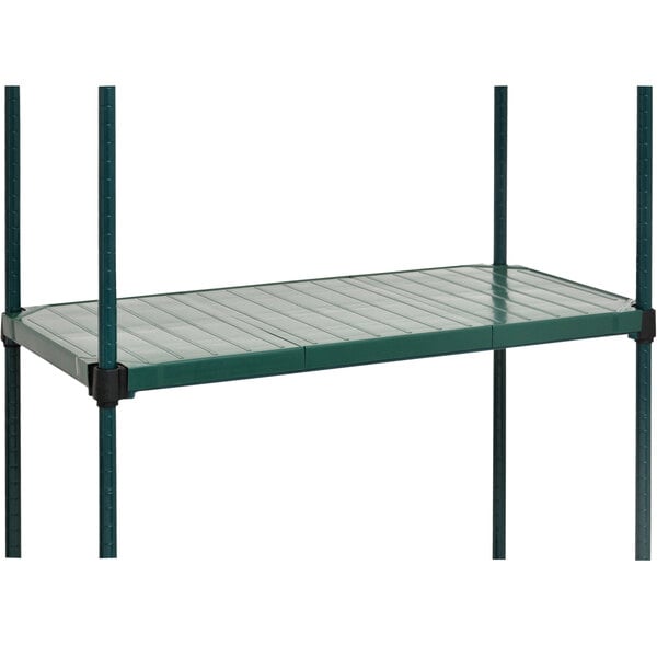 A green Eagle Group metal shelf with black QuadPLUS&#8482; polymer shelves.