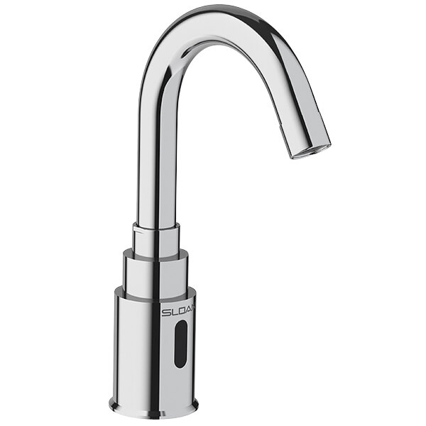 A chrome Sloan deck mounted sensor faucet with a silver button.