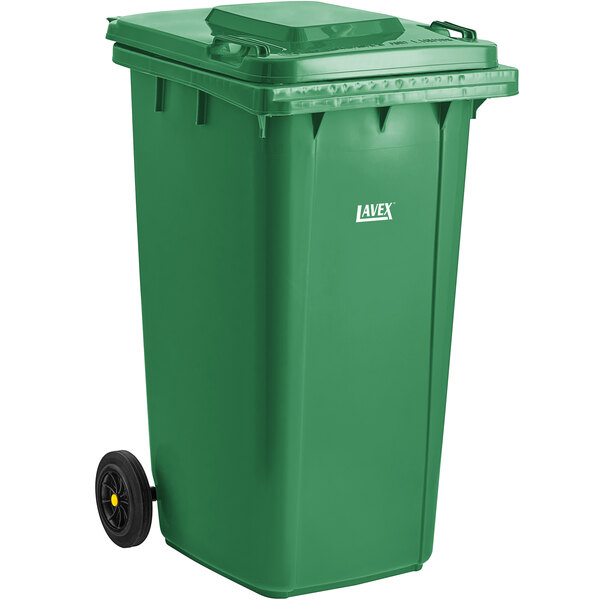 A Lavex green rectangular trash can with wheels.