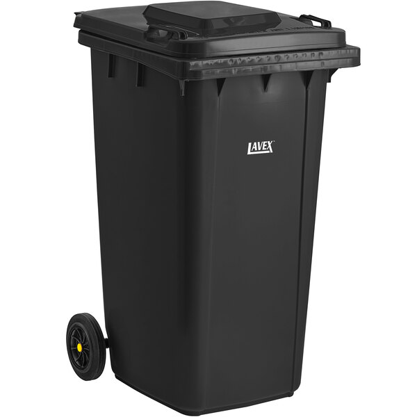 A Lavex black rectangular trash can with wheels and a black lid.