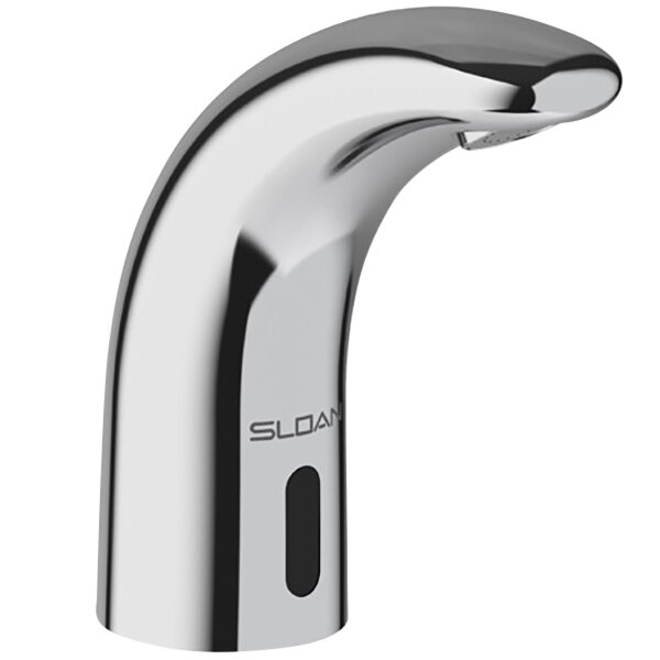 A chrome Sloan deck mounted sensor faucet with a black button.