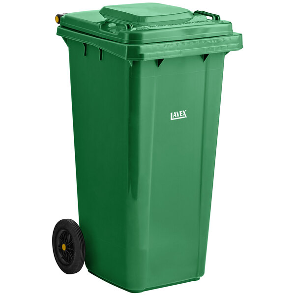A green Lavex rectangular trash can with wheels.