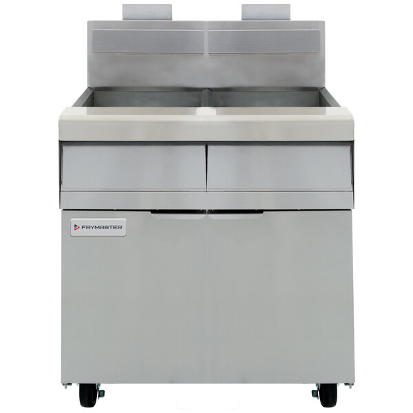 A Frymaster Liquid Propane floor fryer with two drawers in a stainless steel cabinet.