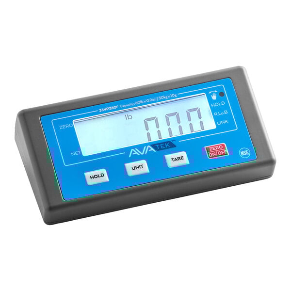 An AvaWeigh pizza scale with a blue digital display.