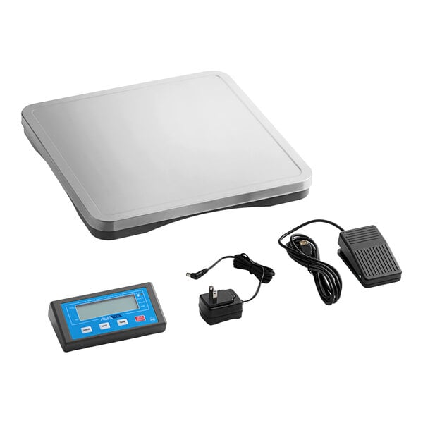 A white square AvaWeigh pizza scale with a grey and blue digital display and a black foot tare pedal.