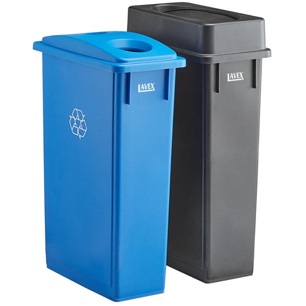 A Lavex 2-stream rectangular recycle station with black and blue lids on blue and black trash cans.