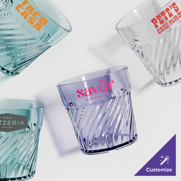 A group of clear GET Tahiti plastic tumblers with custom text on them.