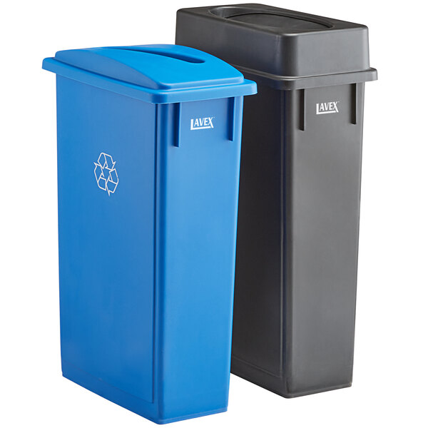 A Lavex 2-stream rectangular recycle station with blue and black lids over two trash cans.