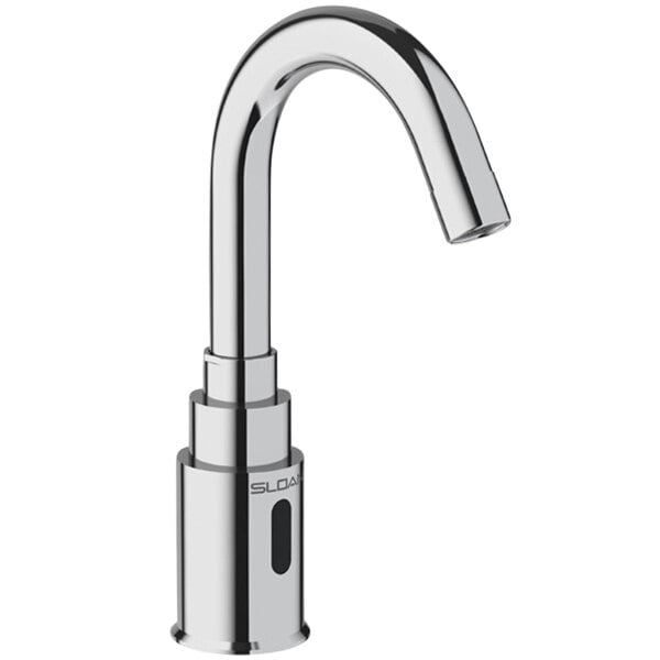 A chrome Sloan deck mounted sensor faucet with a silver gooseneck spout and black button.