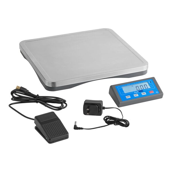 A grey AvaWeigh digital pizza scale with a black foot tare pedal and blue wireless display.