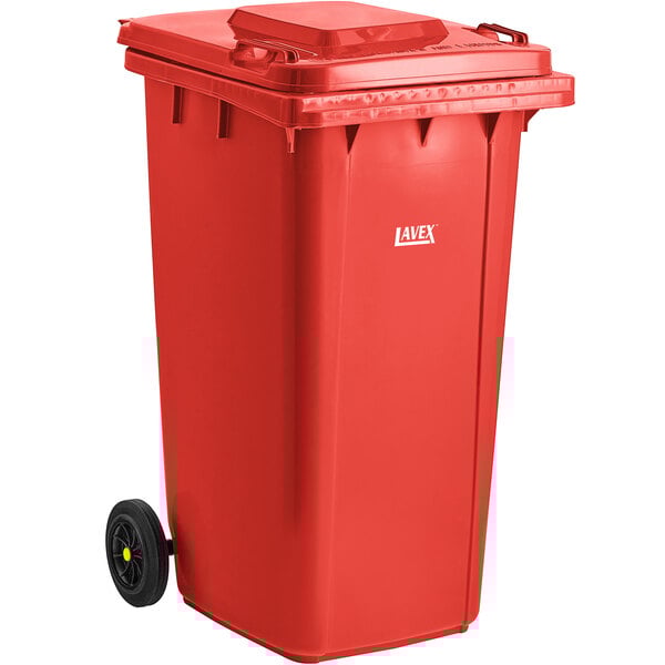 A red Lavex rectangular trash can with wheels.