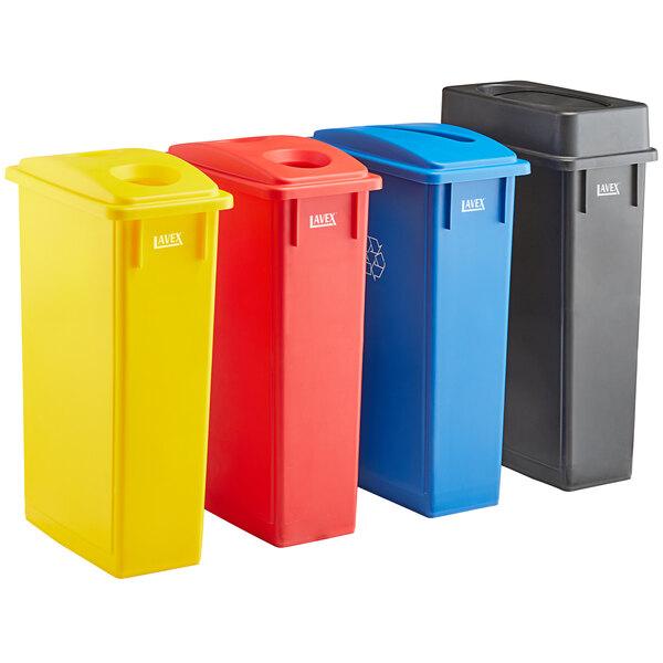 A group of Lavex recycle bins with black, yellow, and red lids.