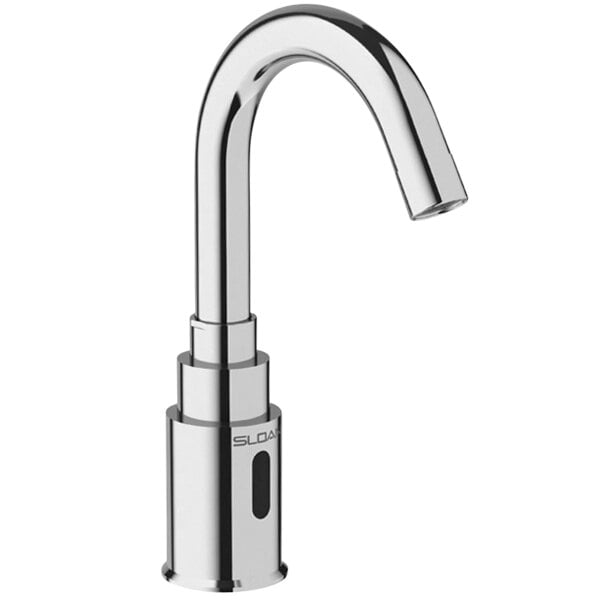 A silver Sloan deck-mounted sensor faucet with a gooseneck spout and 4" trim plate.