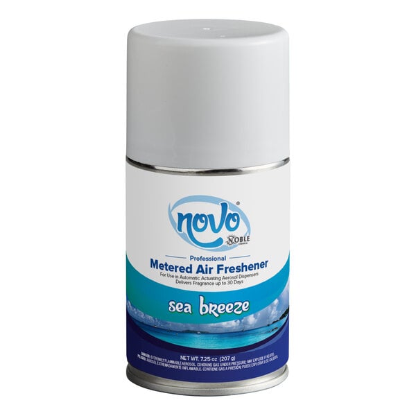 A close-up of a Noble Chemical Novo Sea Breeze air freshener refill container.