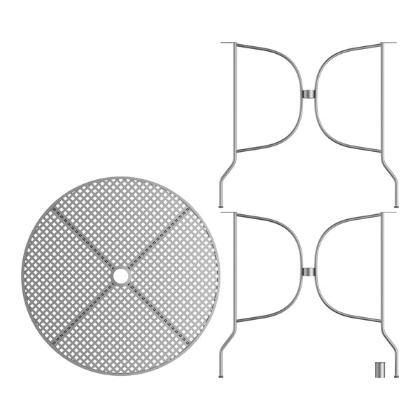 A Lancaster Table & Seating round metal outdoor table grid with ornate legs.