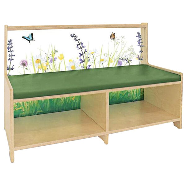 a bench with a green cushion