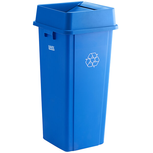 A Lavex blue square recycle bin with a white recycle symbol on the lid.