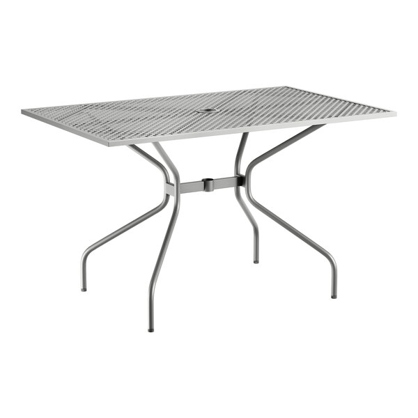A Lancaster Table & Seating rectangular outdoor table with a metal top and modern legs.