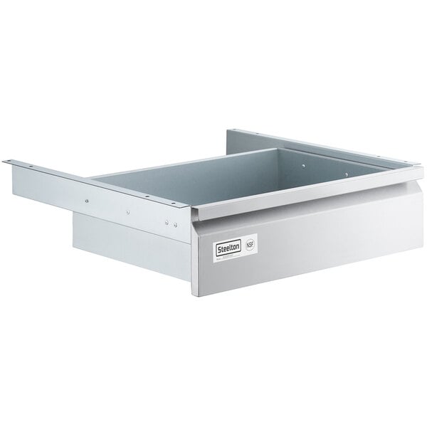 A Steelton metal drawer with a stainless steel front.