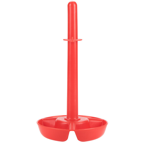 A red plastic cylindrical combo server with a handle.