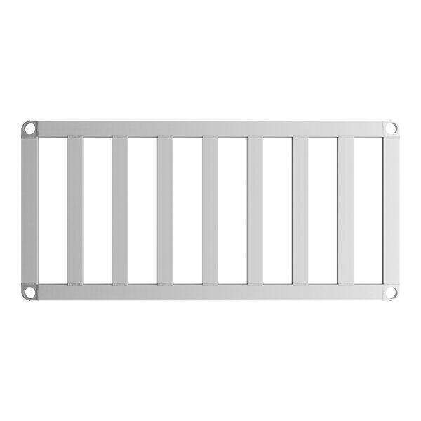 A white metal rectangular shelf with bars on the bottom.