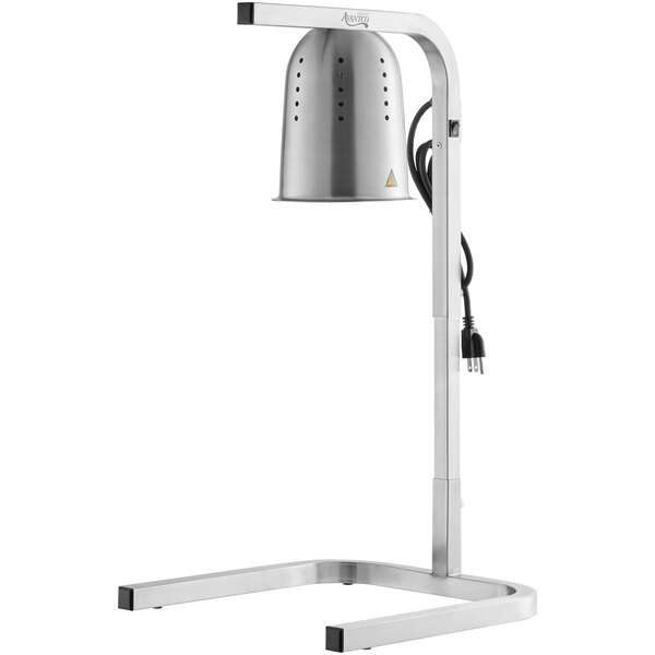 An Avantco stainless steel free standing heat lamp with a cord.